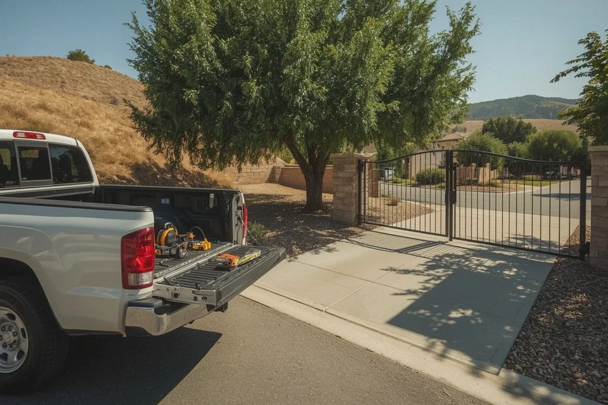 Work truck parked at a driveway gate with tools laid out ready for a gate installation