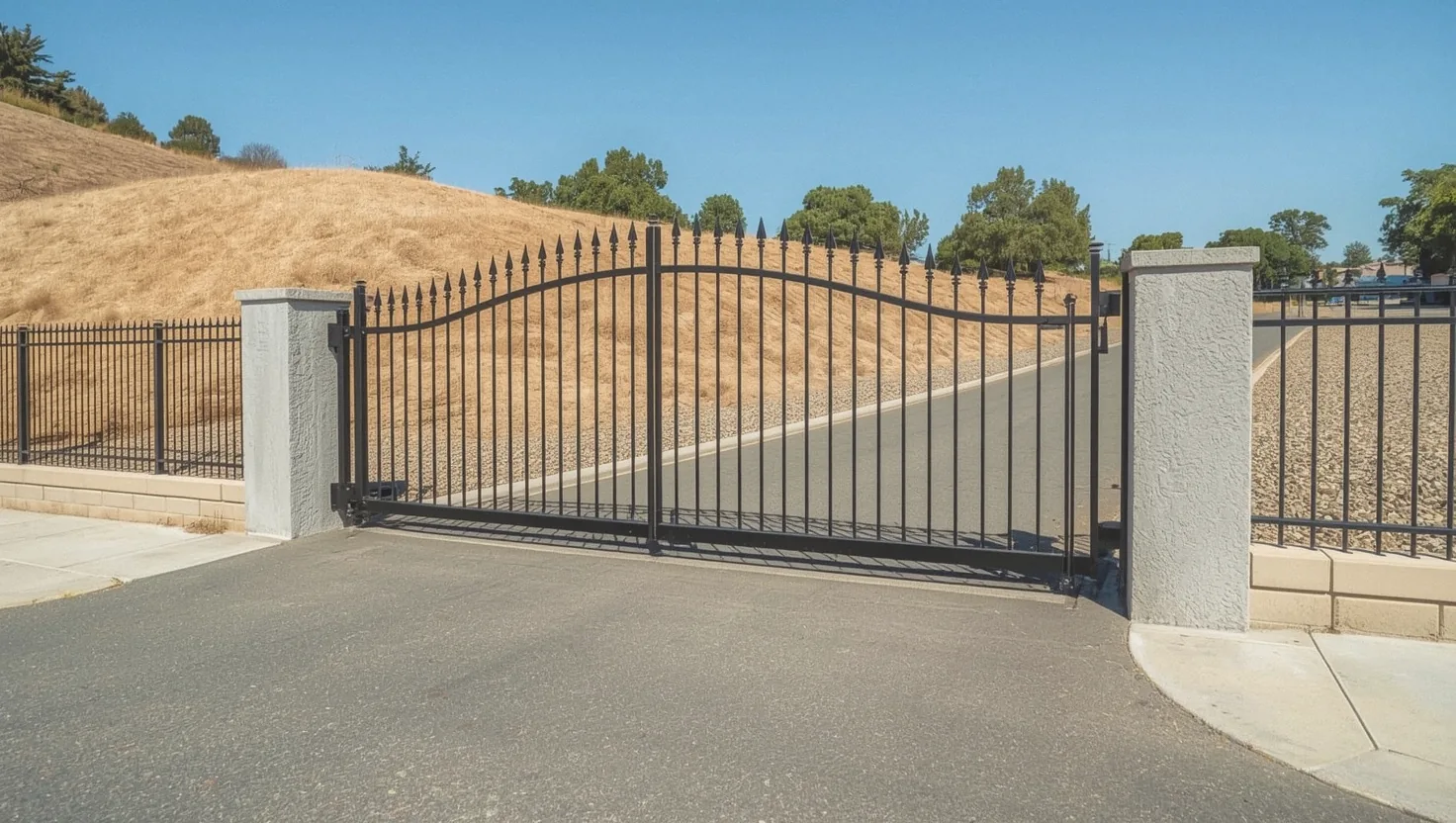 Black wrought iron driveway gate closed at a Vacaville home entrance, with dry oak-covered foothills behind