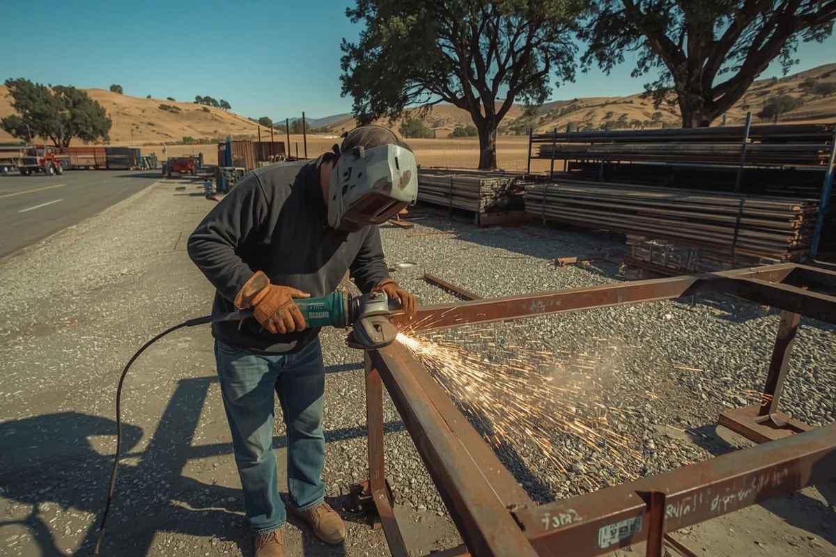 Fabricator grinding a weld smooth on a custom steel gate frame in the workshop