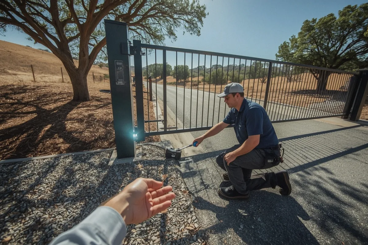 Technician testing a gate photo eye safety sensor by obstructing the beam during handover