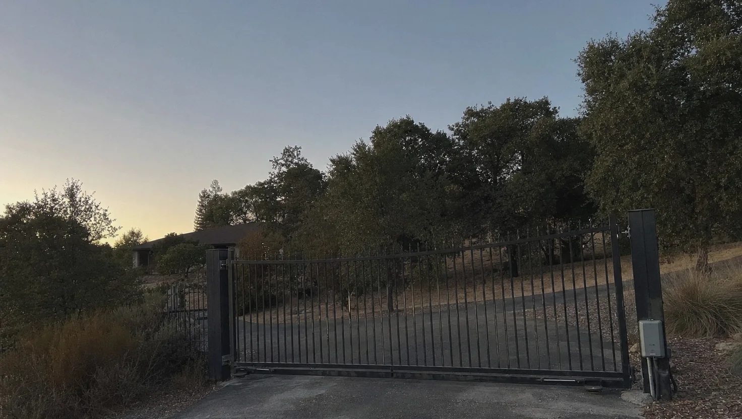 Closed automatic driveway gate at dusk during a power outage, with the house behind unlit
