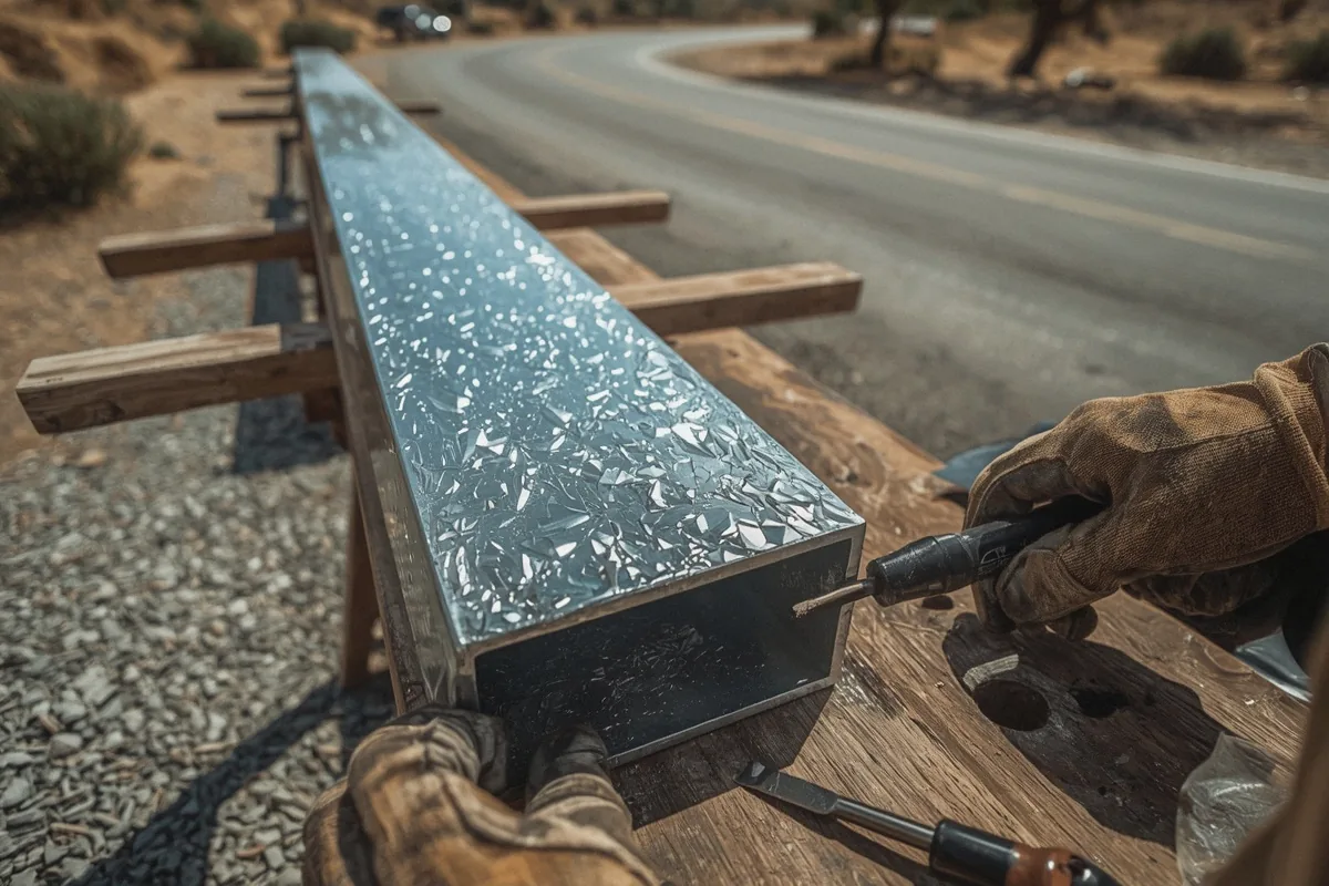 Close-up of aluminum and steel gate options work in progress