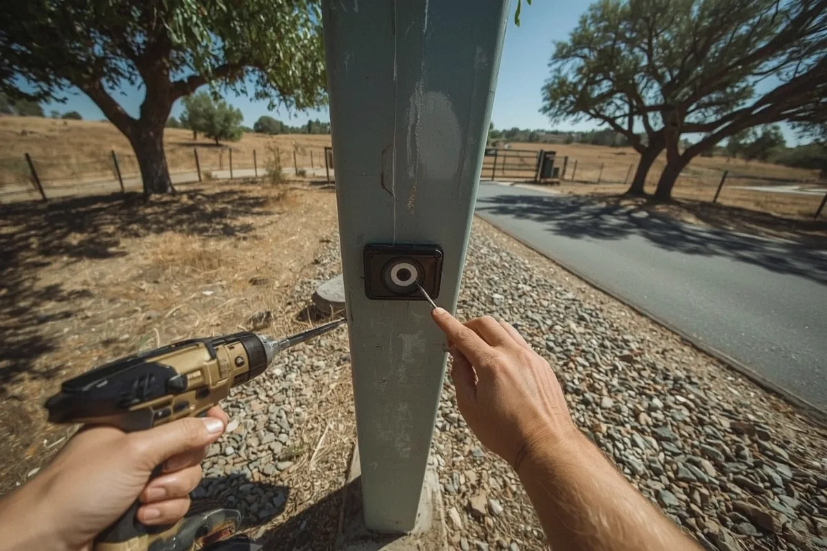 Close-up of automatic electric gate installation work in progress