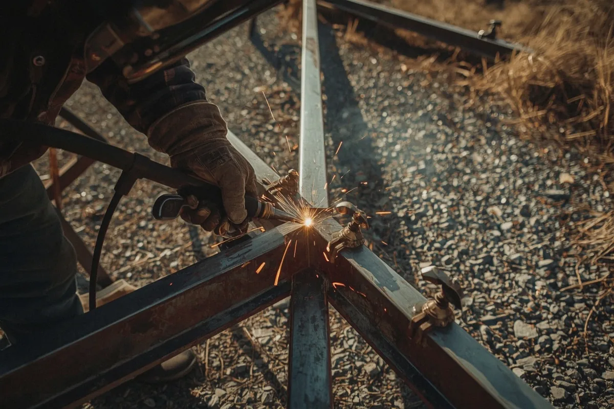 Close-up of custom metal gate fabrication work in progress