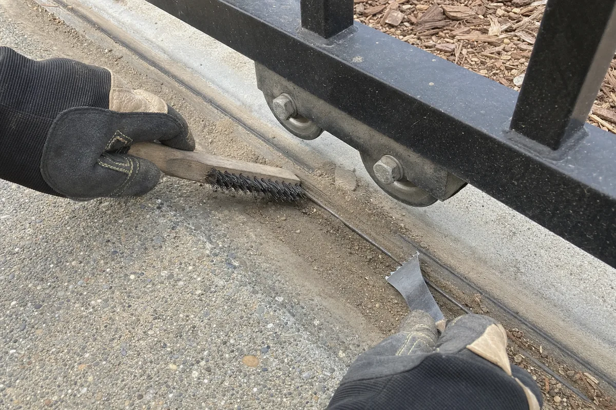 Close-up of gate repair work in progress