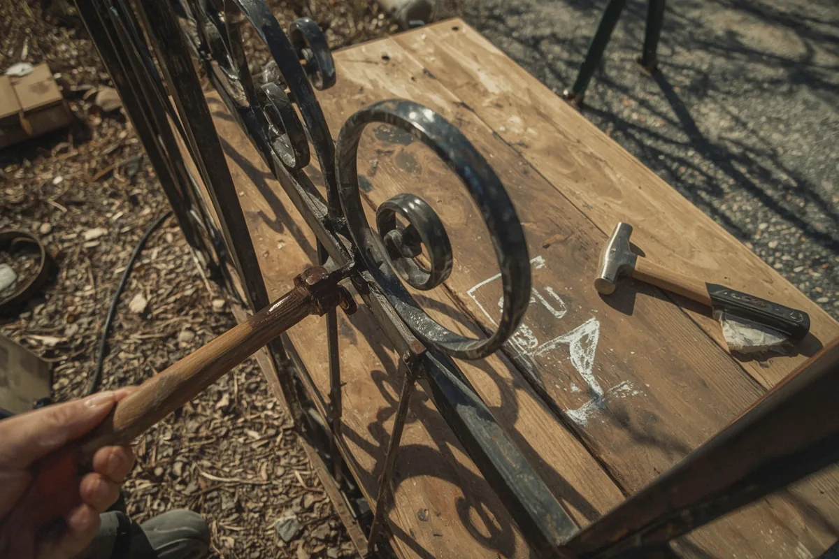Close-up of ornamental iron gates work in progress